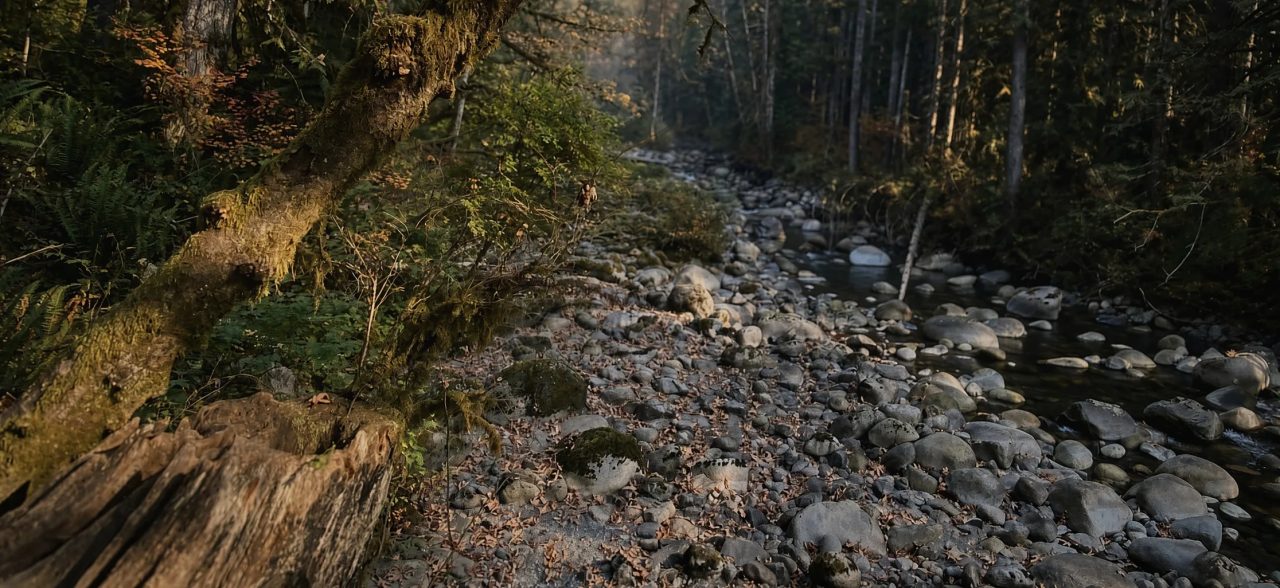 A riverbed of round grey stones winding through an evergreen forest, a mossy log in front